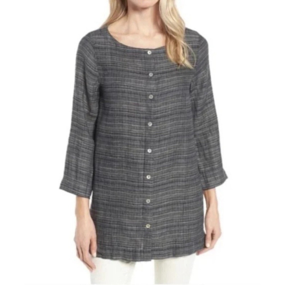 EILEEN FISHER COASTLINE Organic Cotton Tunic Top Button 3/4 Sleeve Boho Casual L